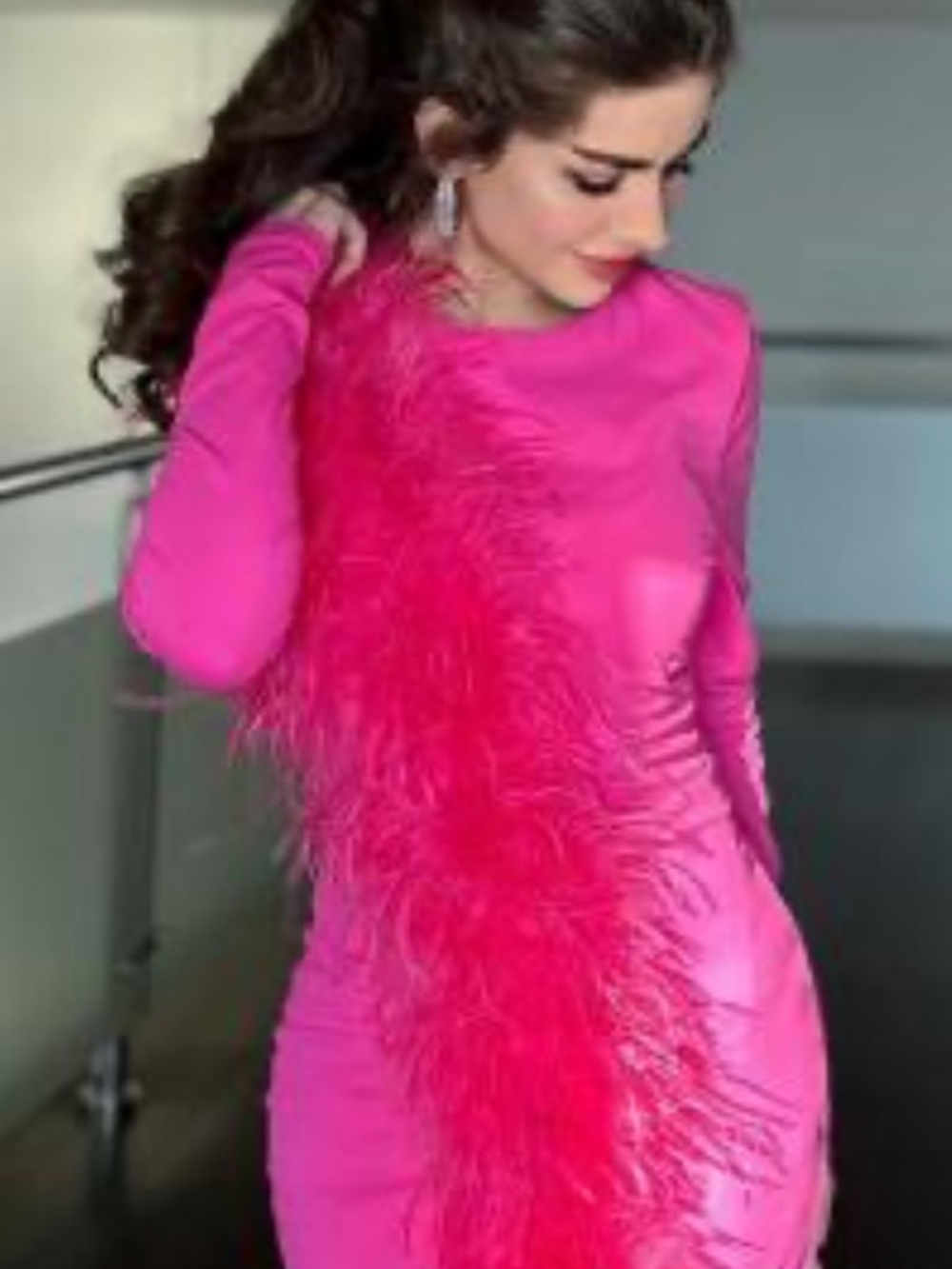 Club L London Hot Pink Feather-Trim Long Sleeve Midi Dress - Picture 3 of 9